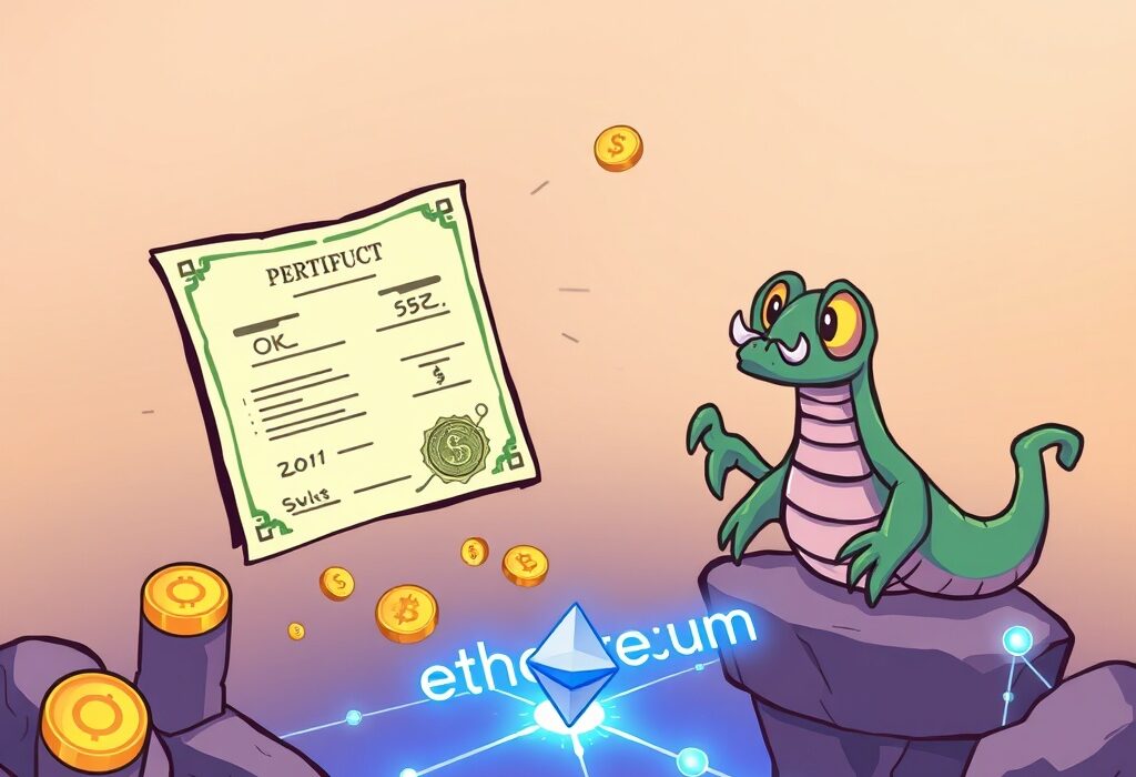 Cartoon showing Kraken tokenized stocks moving from traditional markets to the Ethereum blockchain, symbolizing a new era of finance.