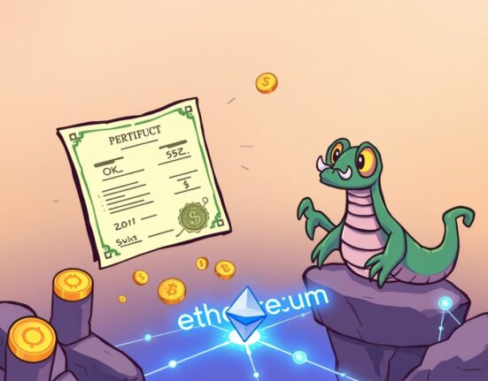 Cartoon showing Kraken tokenized stocks moving from traditional markets to the Ethereum blockchain, symbolizing a new era of finance.