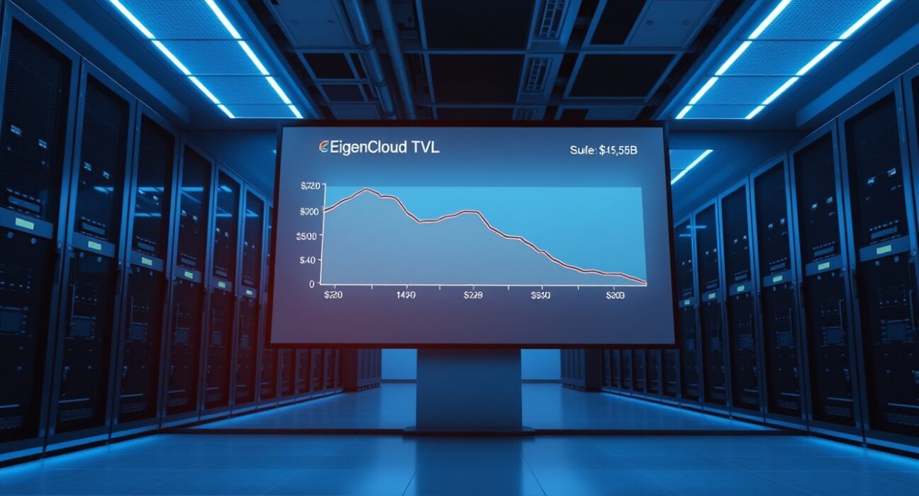 Kraken exchange server room with digital display showing EigenCloud TVL decline graph