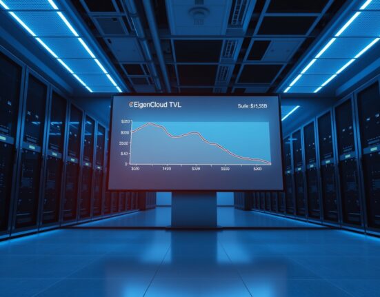 Kraken exchange server room with digital display showing EigenCloud TVL decline graph
