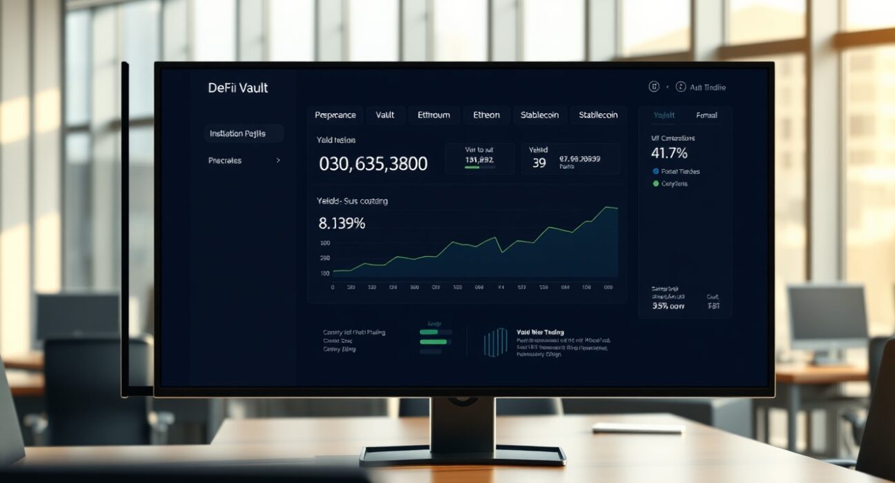 Digital display showing cryptocurrency vault dashboard in modern institutional office