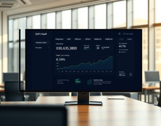 Digital display showing cryptocurrency vault dashboard in modern institutional office
