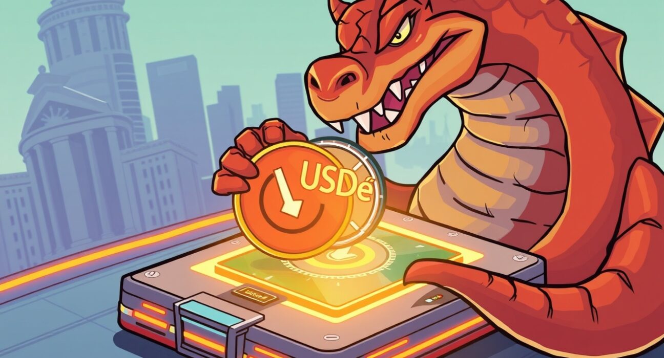 Cartoon illustration of a Kraken placing a USDe coin on an exchange, symbolizing the Kraken USDe listing and new stablecoin opportunities.