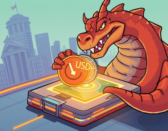 Cartoon illustration of a Kraken placing a USDe coin on an exchange, symbolizing the Kraken USDe listing and new stablecoin opportunities.