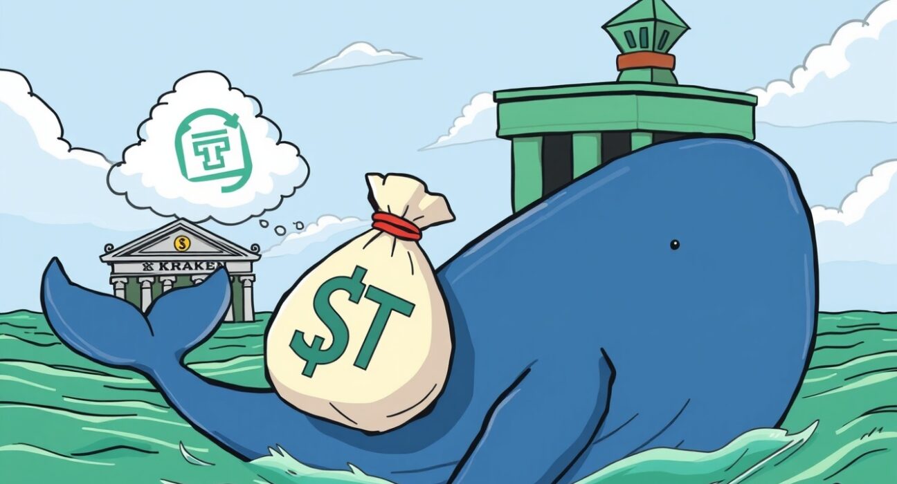 Cartoon illustration of a massive Kraken USDT transfer from an exchange to an unknown wallet, symbolizing significant crypto whale activity.
