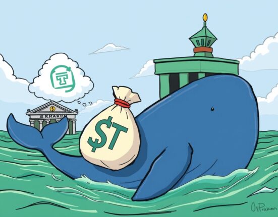 Cartoon illustration of a massive Kraken USDT transfer from an exchange to an unknown wallet, symbolizing significant crypto whale activity.