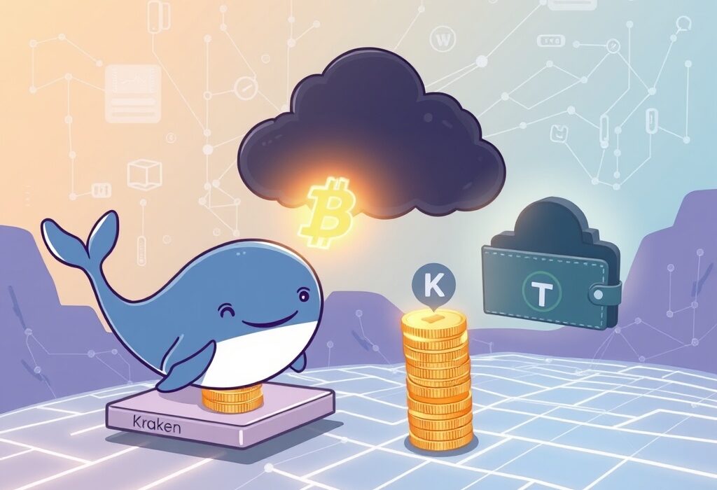 A large digital whale icon representing a massive USDT transfer from Kraken to an unknown wallet, impacting the crypto market.