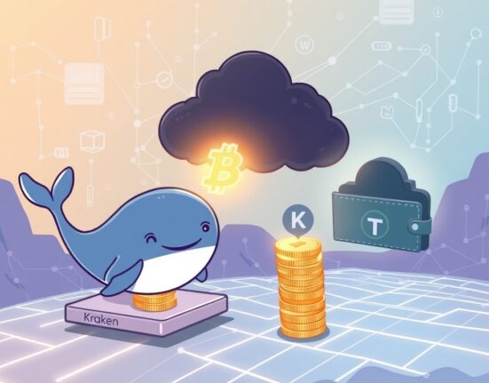 A large digital whale icon representing a massive USDT transfer from Kraken to an unknown wallet, impacting the crypto market.