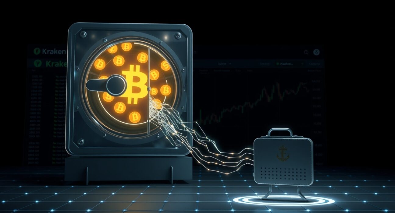 Digital representation of a massive USDT cryptocurrency transfer from Kraken exchange to an anonymous wallet