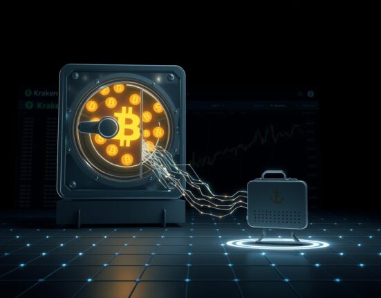 Digital representation of a massive USDT cryptocurrency transfer from Kraken exchange to an anonymous wallet