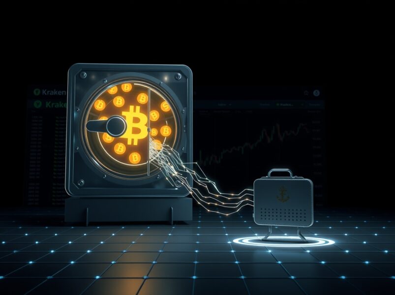 Digital representation of a massive USDT cryptocurrency transfer from Kraken exchange to an anonymous wallet