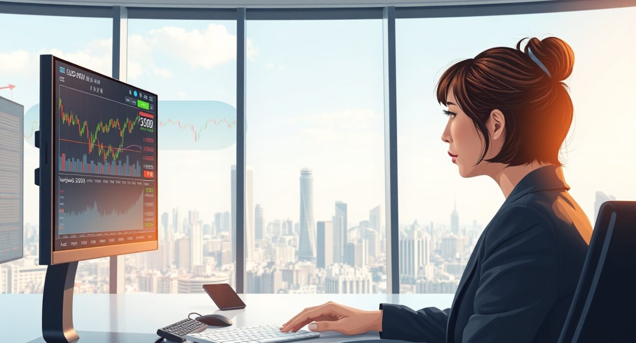 Financial analyst in Seoul reviews KRW and KOSPI data charts for 2025 currency forecast.