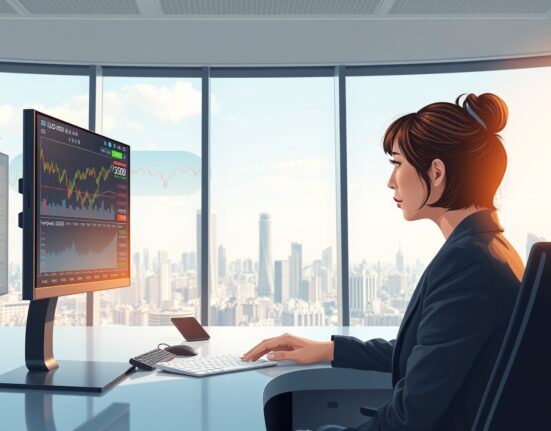 Financial analyst in Seoul reviews KRW and KOSPI data charts for 2025 currency forecast.