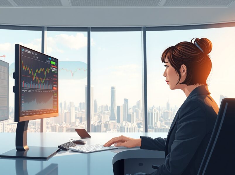 Financial analyst in Seoul reviews KRW and KOSPI data charts for 2025 currency forecast.