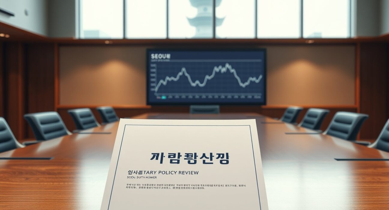 Central bank analysis of KRW monetary policy easing on a document with exchange rate charts in background.