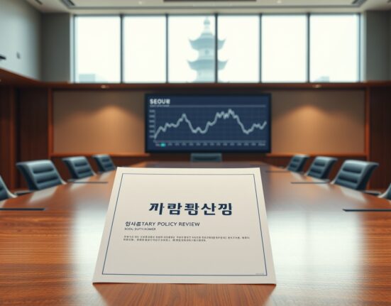 Central bank analysis of KRW monetary policy easing on a document with exchange rate charts in background.