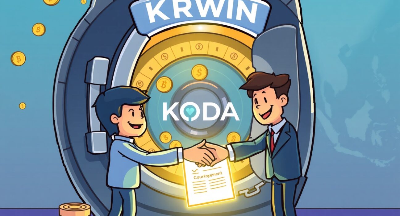 Cartoon illustration showing a handshake over a digital agreement, symbolizing the secure KRWIN stablecoin custody deal in South Korea.