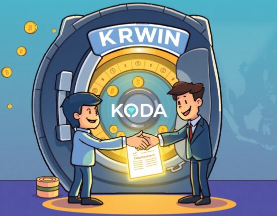 Cartoon illustration showing a handshake over a digital agreement, symbolizing the secure KRWIN stablecoin custody deal in South Korea.