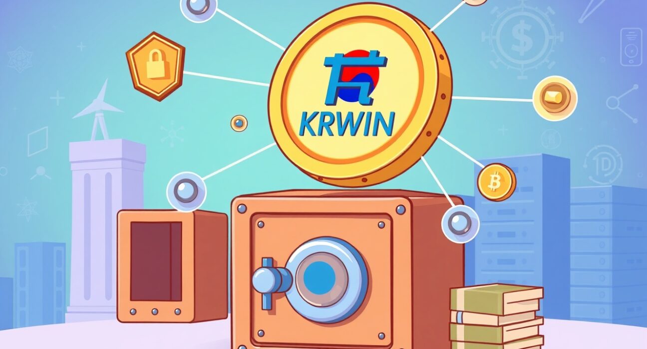 Cartoon illustration showing the secure, global reach of the new KRWIN stablecoin from Kcle One, bridging fiat and digital assets.