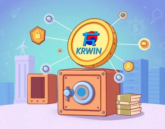 Cartoon illustration showing the secure, global reach of the new KRWIN stablecoin from Kcle One, bridging fiat and digital assets.