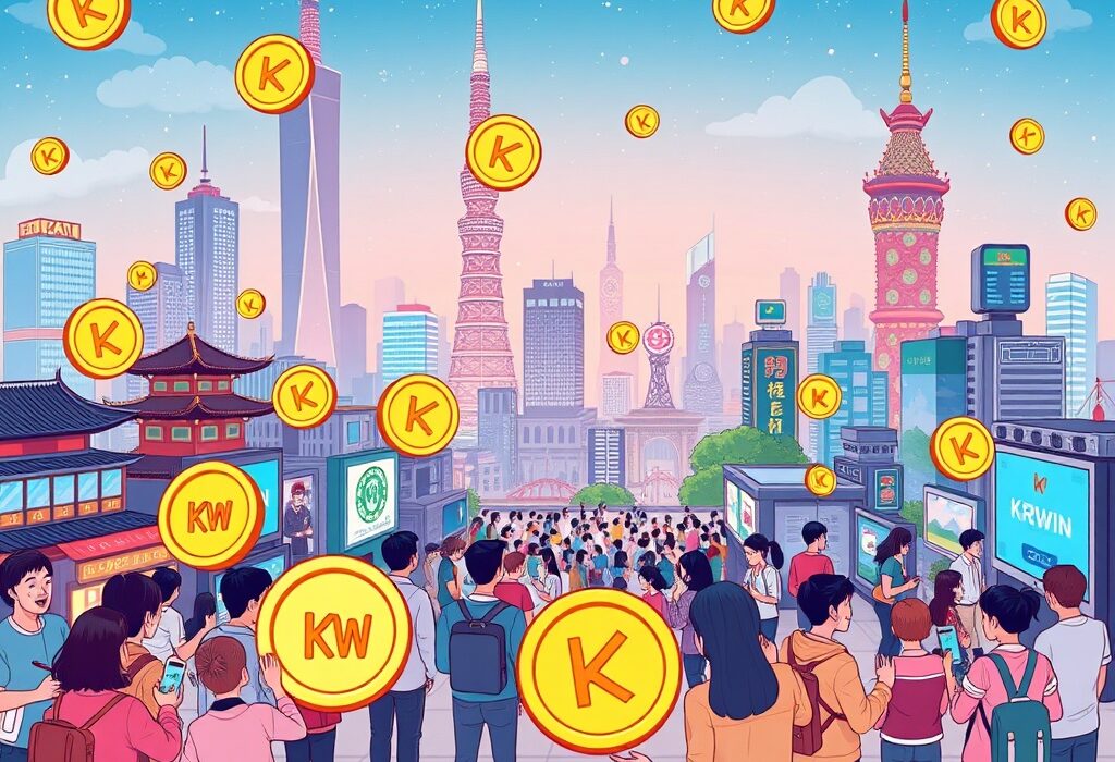 Cartoon illustration of KRWIN stablecoin facilitating digital payments in a vibrant South Korean setting, highlighting its community launch.