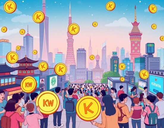 Cartoon illustration of KRWIN stablecoin facilitating digital payments in a vibrant South Korean setting, highlighting its community launch.