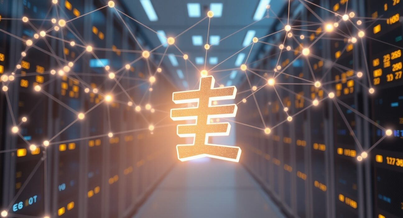 KRWQ stablecoin merging Korean won with USDC in transparent blockchain financial network visualization