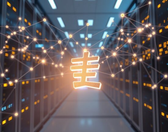 KRWQ stablecoin merging Korean won with USDC in transparent blockchain financial network visualization