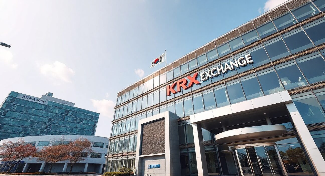 Korea Exchange headquarters building in Busan, South Korea, under clear blue sky