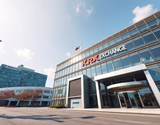 Korea Exchange headquarters building in Busan, South Korea, under clear blue sky