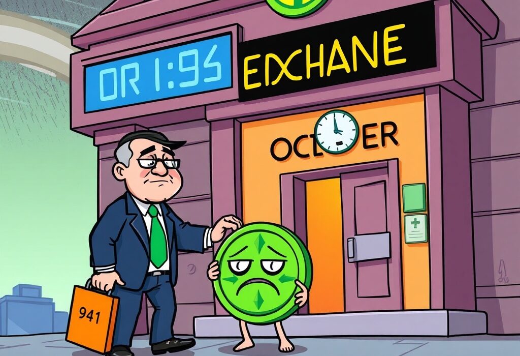 A cartoon depiction of a digital token being removed from a crypto exchange platform, symbolizing the Kryptonite delisting.