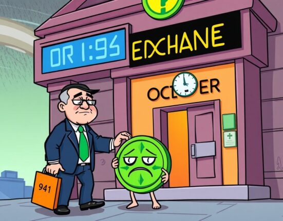 A cartoon depiction of a digital token being removed from a crypto exchange platform, symbolizing the Kryptonite delisting.