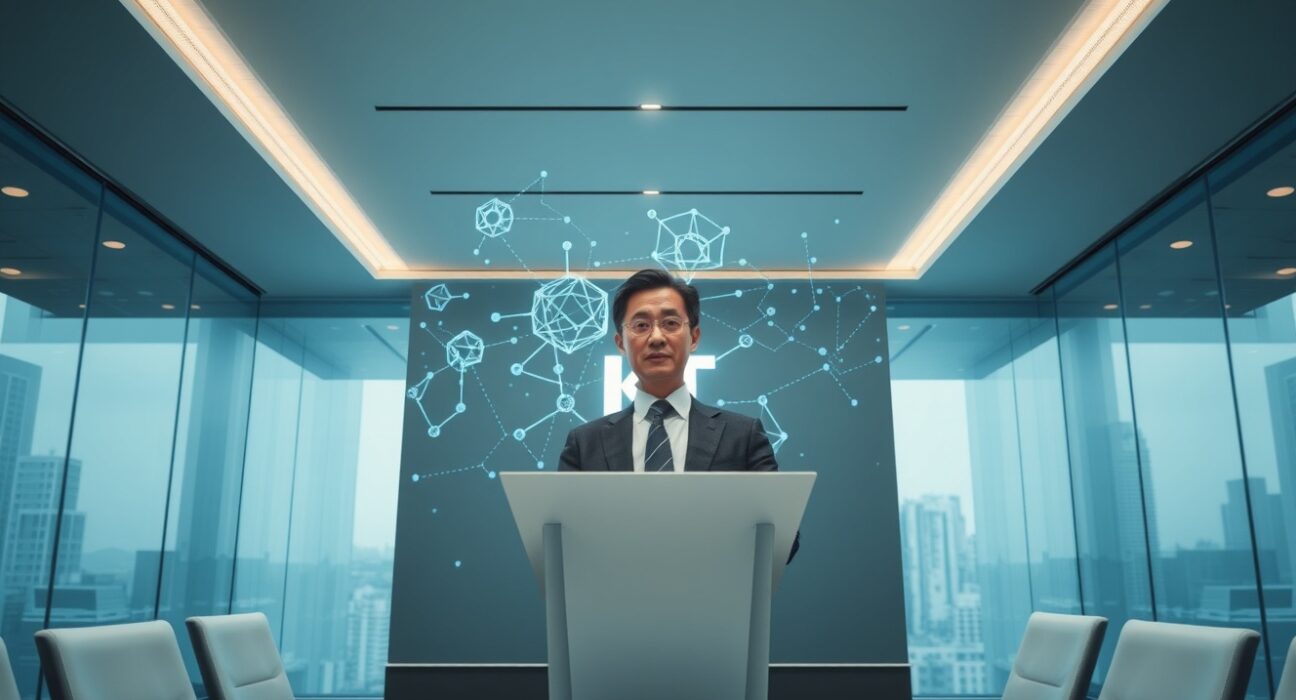 KT CEO Park Yoon-young presenting blockchain strategy at a press conference in Seoul