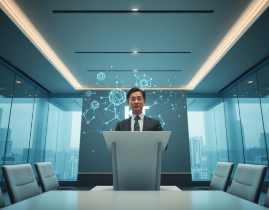 KT CEO Park Yoon-young presenting blockchain strategy at a press conference in Seoul