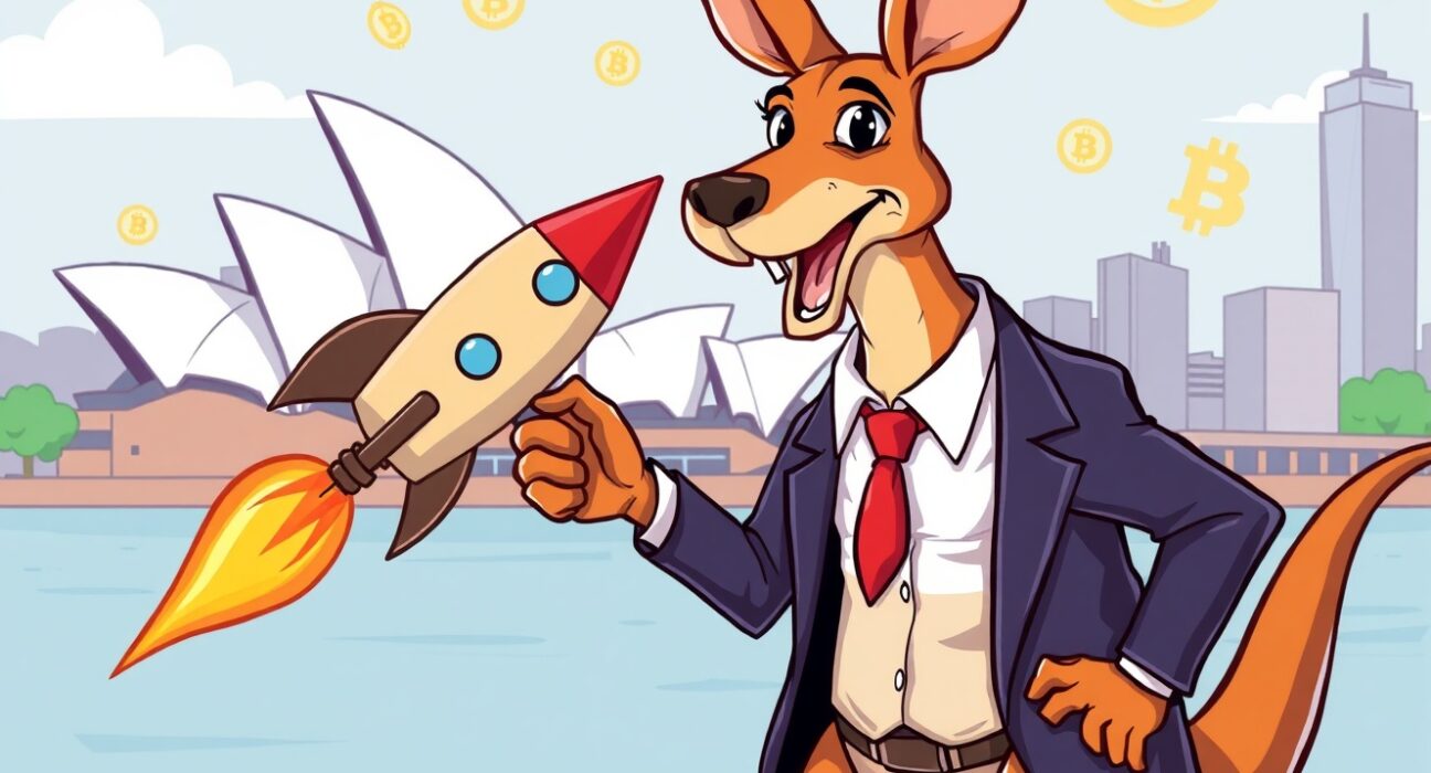 KuCoin Australia license celebration with kangaroo and crypto rocket shaking hands