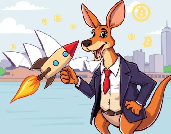 KuCoin Australia license celebration with kangaroo and crypto rocket shaking hands