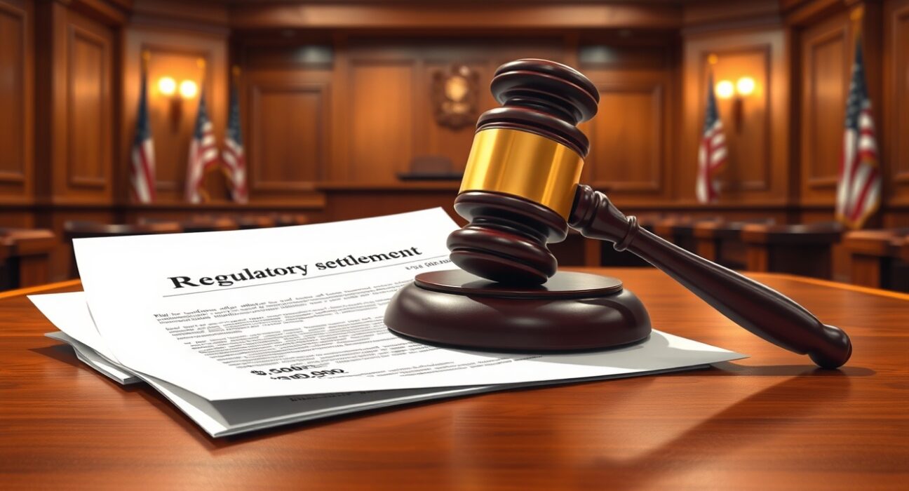 Legal document and gavel representing KuCoin's CFTC settlement for regulatory violations