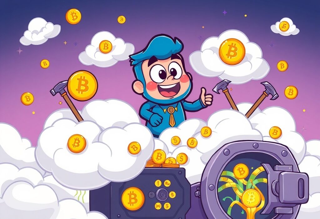 Cartoon depicting KuCoin's innovative cloud mining platform making Bitcoin and Dogecoin accessible to all users.