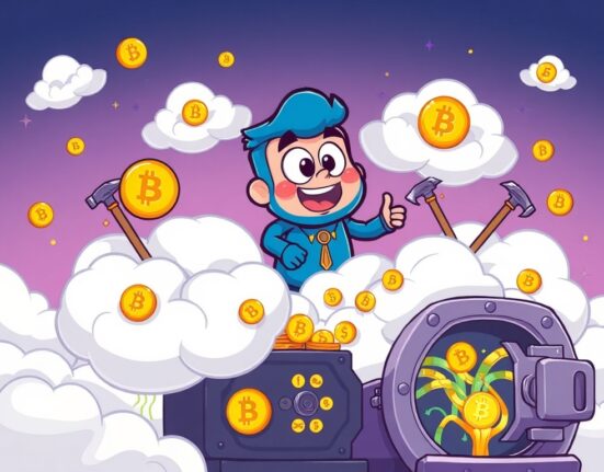 Cartoon depicting KuCoin's innovative cloud mining platform making Bitcoin and Dogecoin accessible to all users.