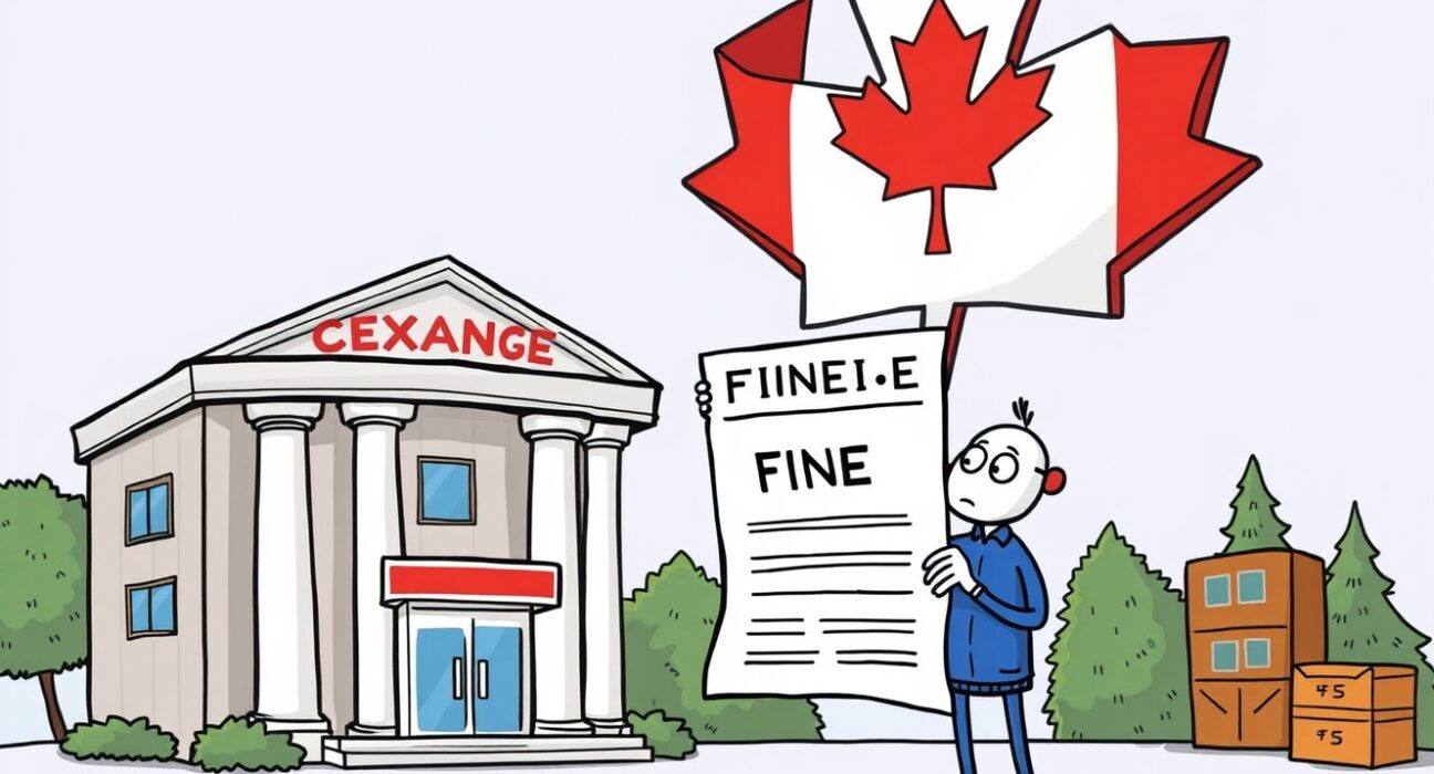 Cartoon showing a Canadian regulator fining a crypto exchange for KuCoin compliance failures.