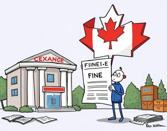 Cartoon showing a Canadian regulator fining a crypto exchange for KuCoin compliance failures.