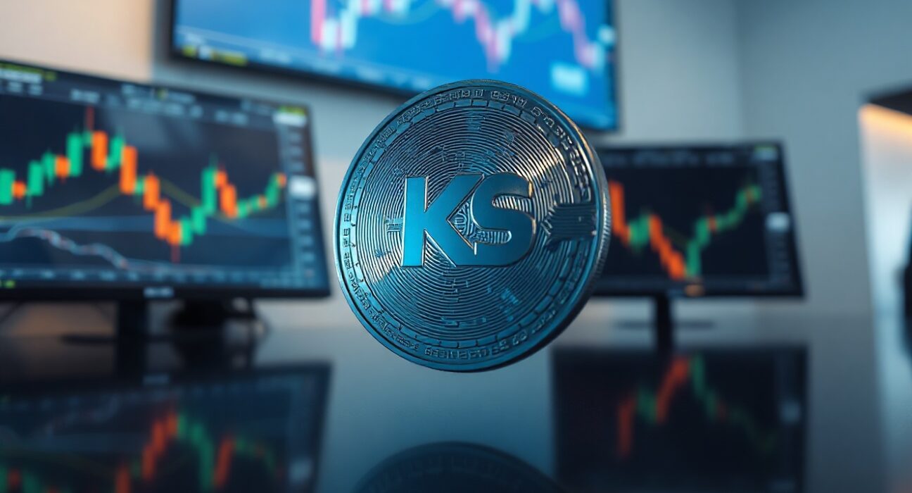 KuCoin Token (KCS) digital coin with candlestick charts in background, representing price prediction and technical analysis.