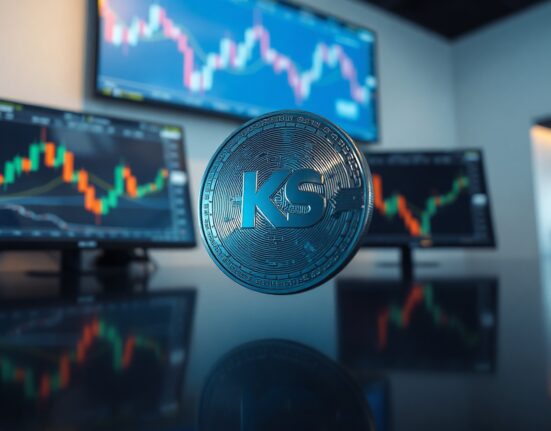 KuCoin Token (KCS) digital coin with candlestick charts in background, representing price prediction and technical analysis.