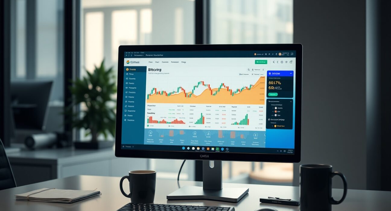 Bitcoin trading dashboard on a computer monitor in a modern office setting