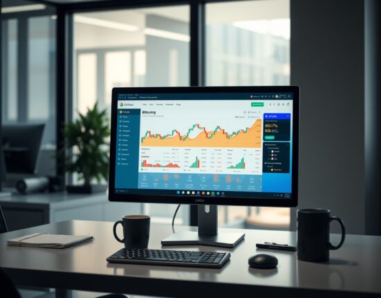 Bitcoin trading dashboard on a computer monitor in a modern office setting