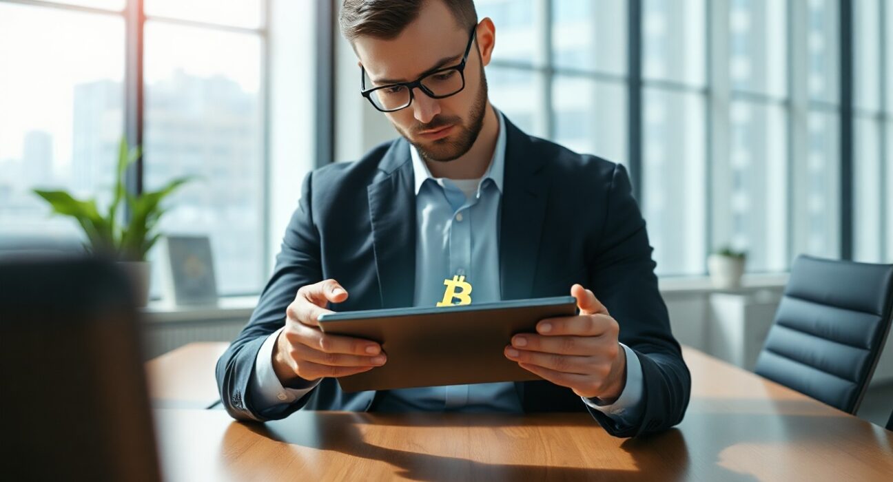 KULR Technology executive reviewing Bitcoin holdings on tablet in modern office