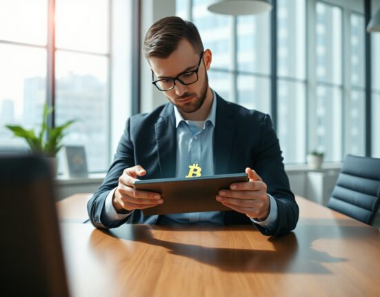 KULR Technology executive reviewing Bitcoin holdings on tablet in modern office