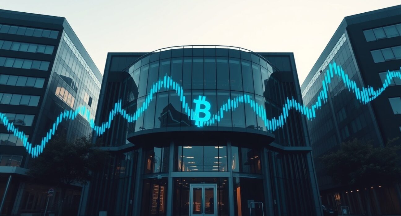 Modern office building with subtle Bitcoin and stock chart overlays representing corporate cryptocurrency investment