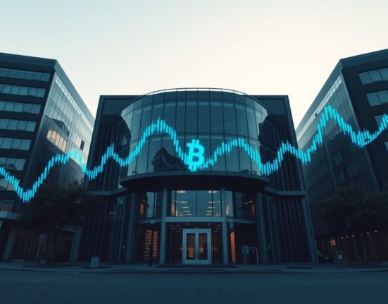 Modern office building with subtle Bitcoin and stock chart overlays representing corporate cryptocurrency investment
