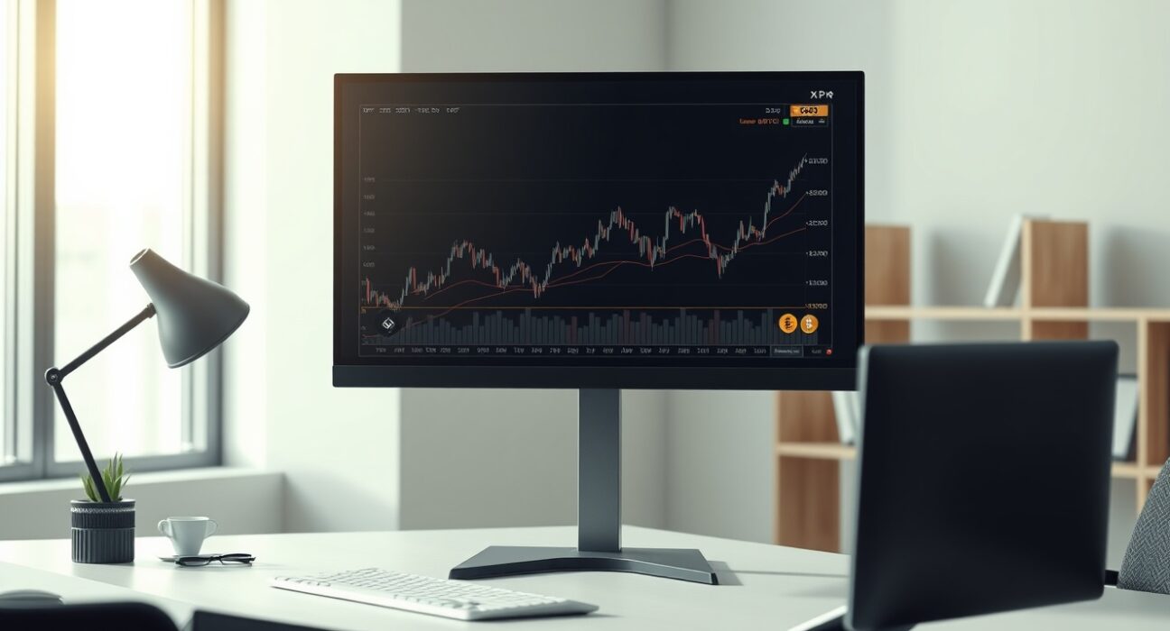 Professional trading desk with charts showing the new Kurv XRP and Ether Enhanced Income ETFs.